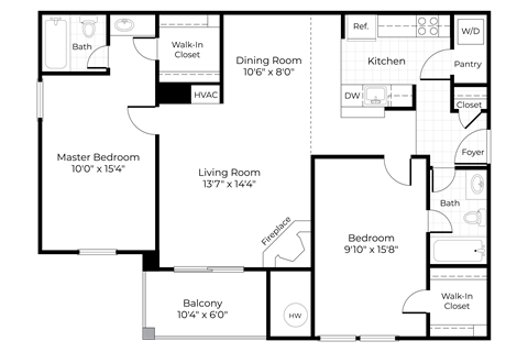 Floor plan for 2 beds, 2 baths, 1010 sqft